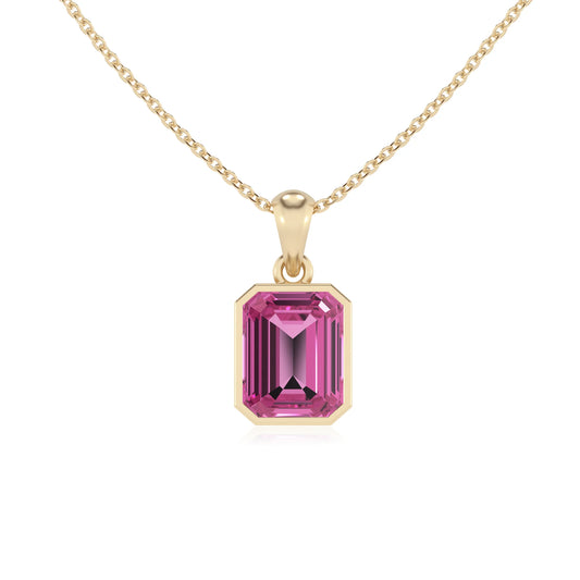 lab grown pink-sapphire emerald cut solitaire necklaces in yellow gold