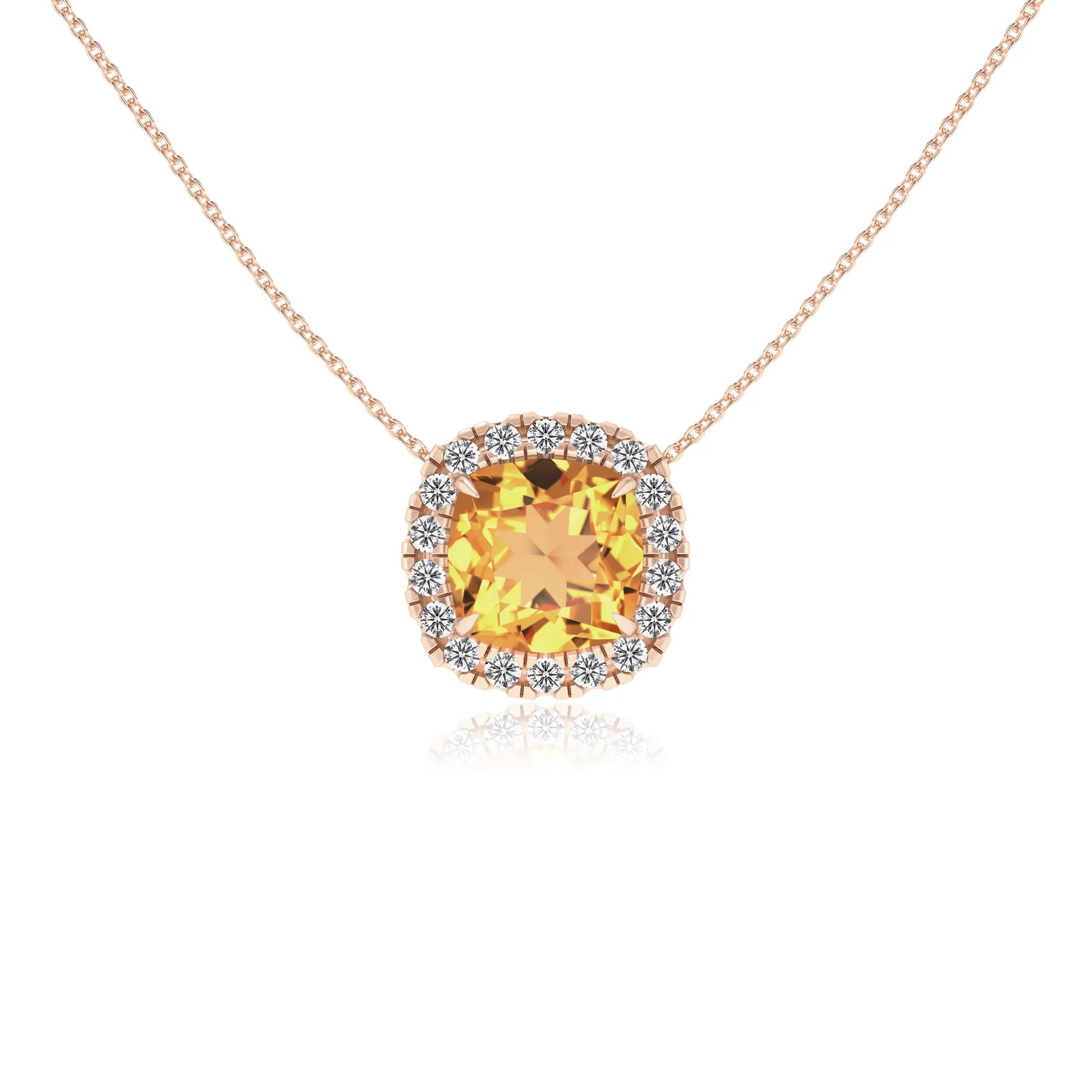 lab grown citrine cushion solitaire necklaces in rose gold