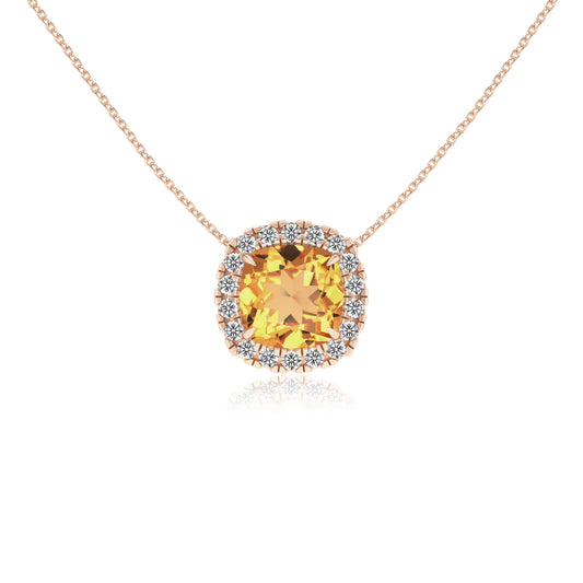 lab grown citrine cushion solitaire necklaces in rose gold