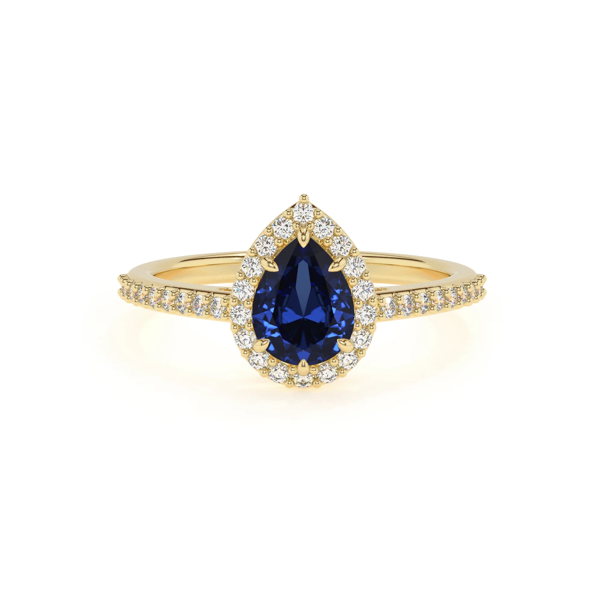 lab grown blue-sapphire pear solitaire rings in yellow gold