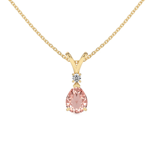 lab grown morganite pear solitaire v-bale necklaces in yellow gold