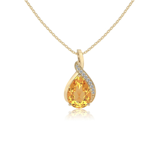lab grown citrine pear solitaire necklaces in yellow gold