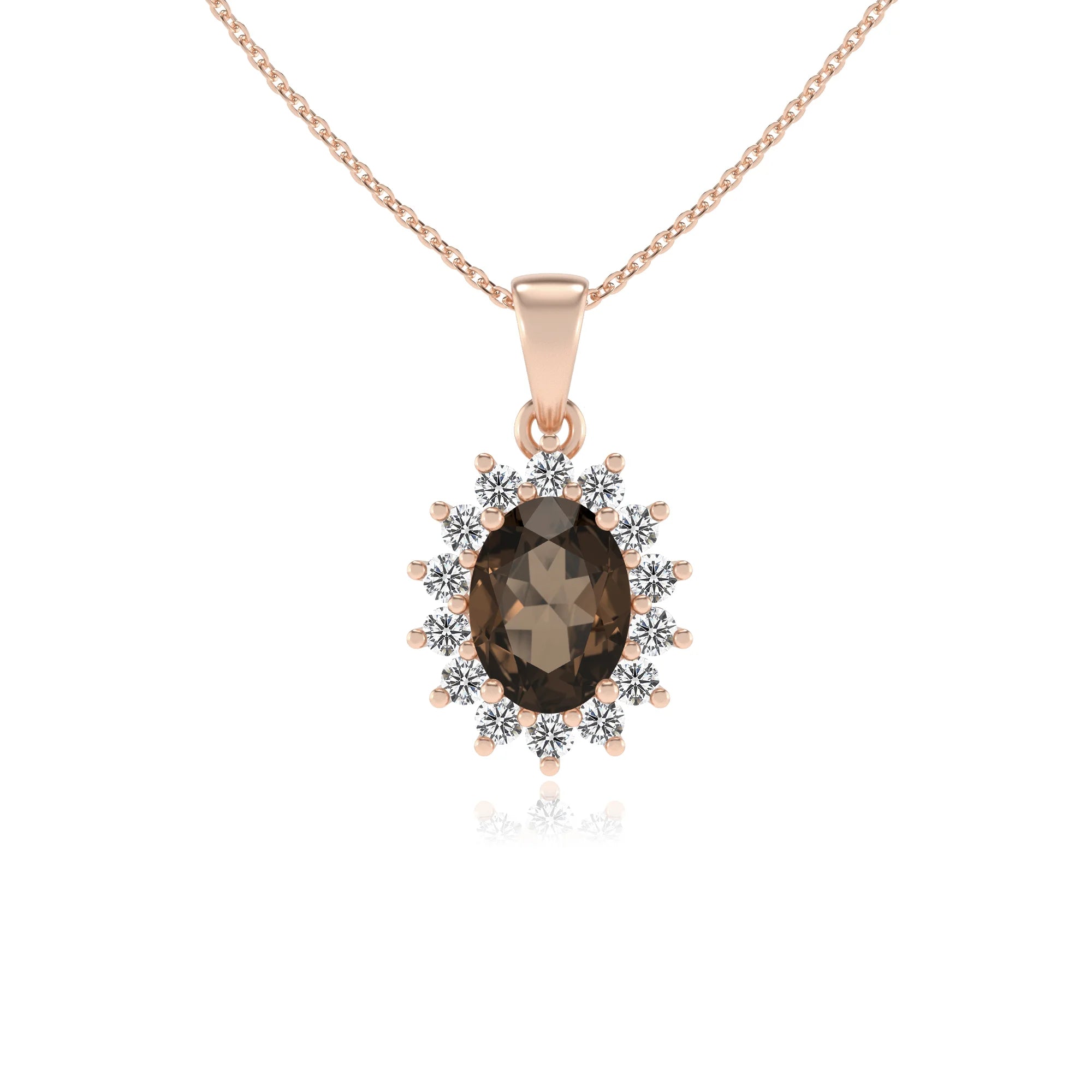 natural smoky-quartz oval halo necklaces in rose gold