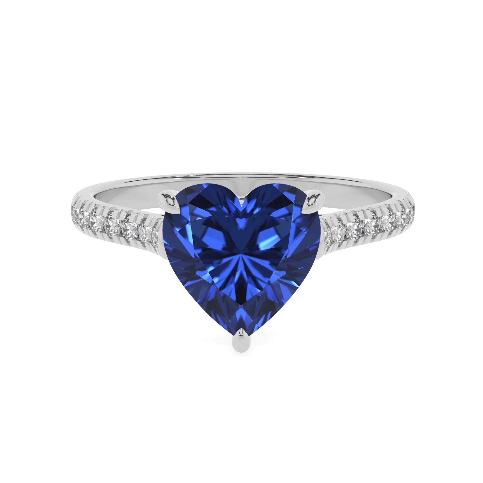 lab grown blue-sapphire heart half eternity solitaire engagement rings in platinum