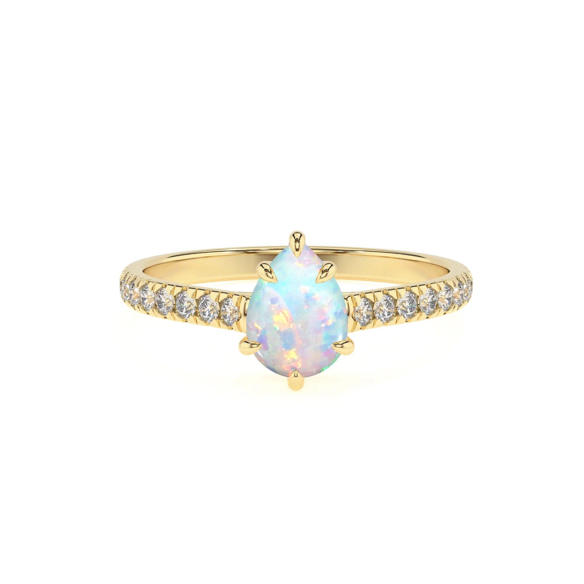 lab grown opal pear half eternity solitaire engagement rings in yellow gold