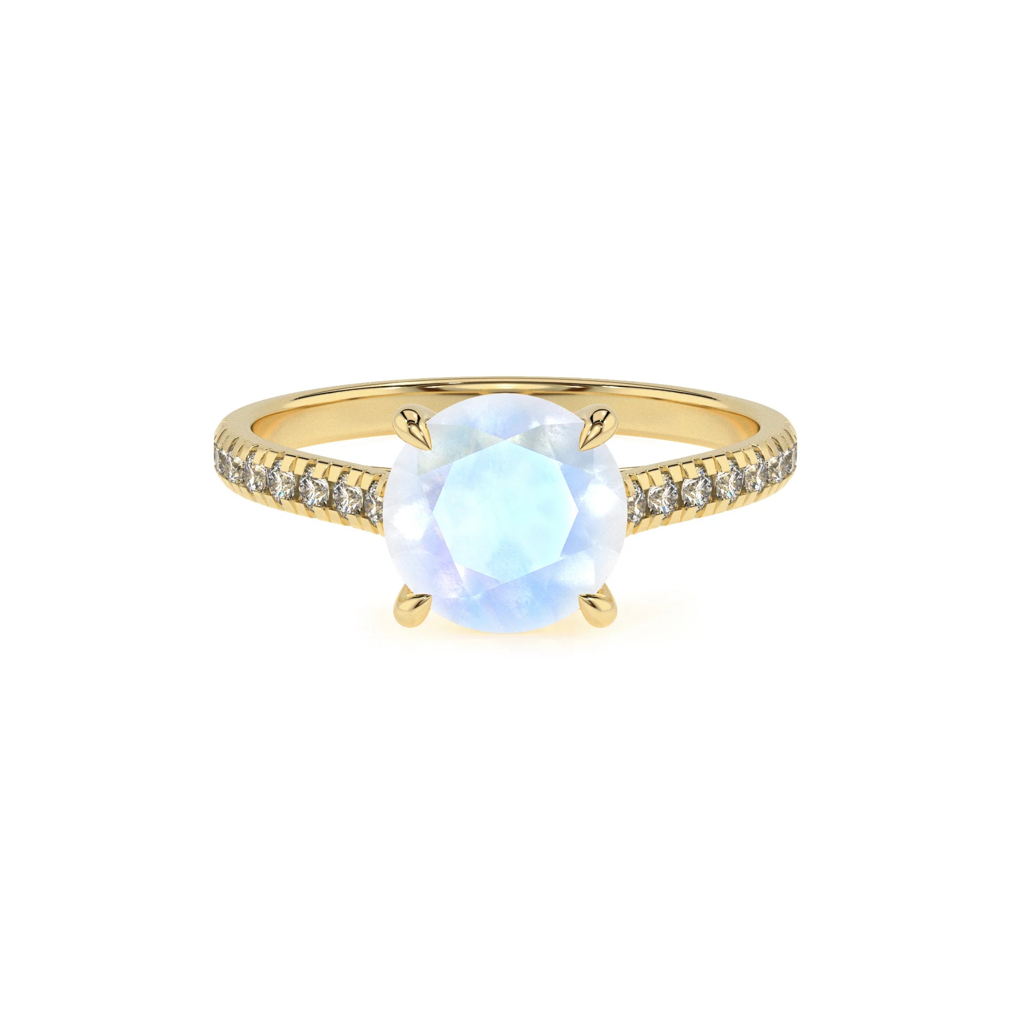 natural rainbow-moonstone round half eternity solitaire engagement rings in yellow gold