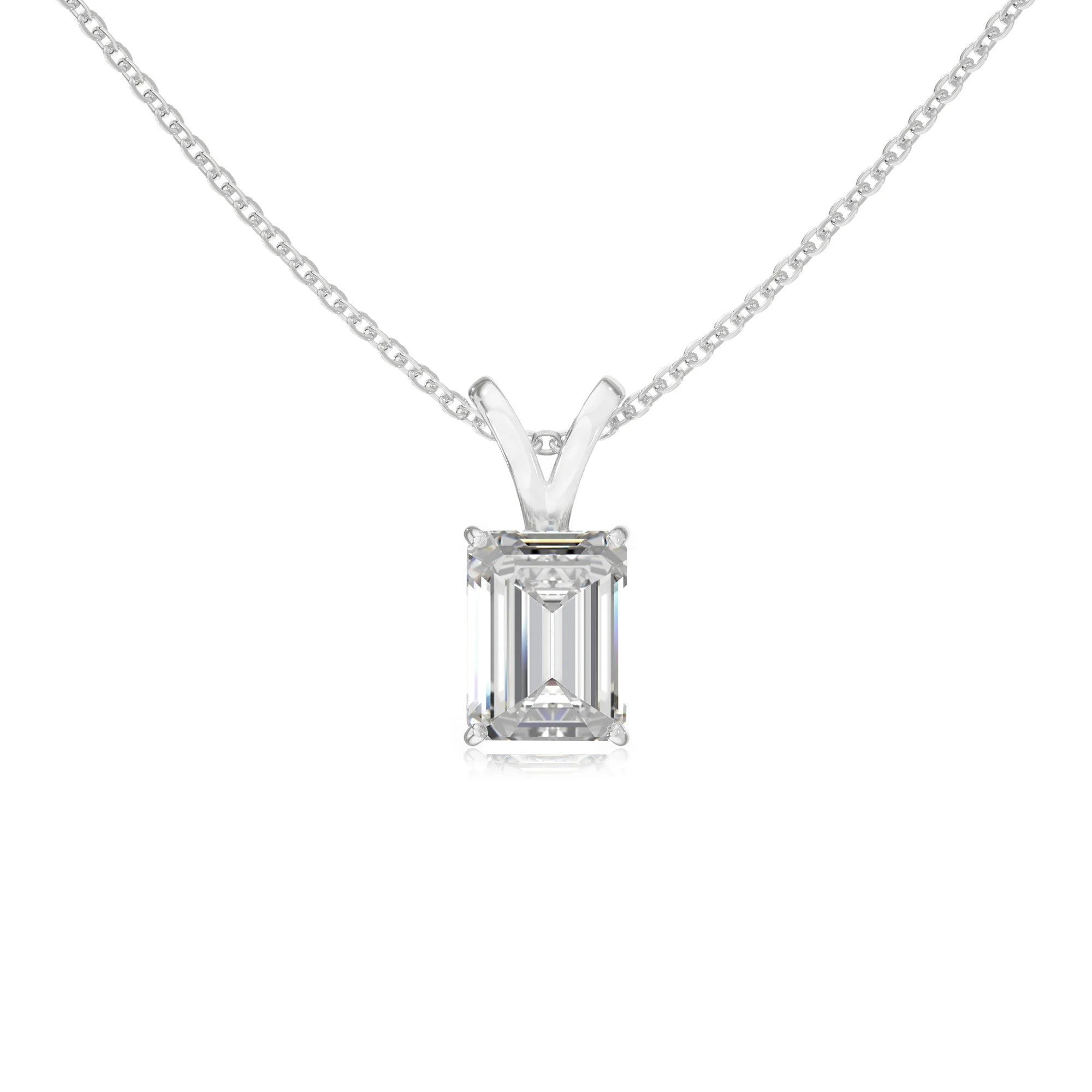 lab grown moissanite emerald cut solitaire v-bale necklaces in platinum
