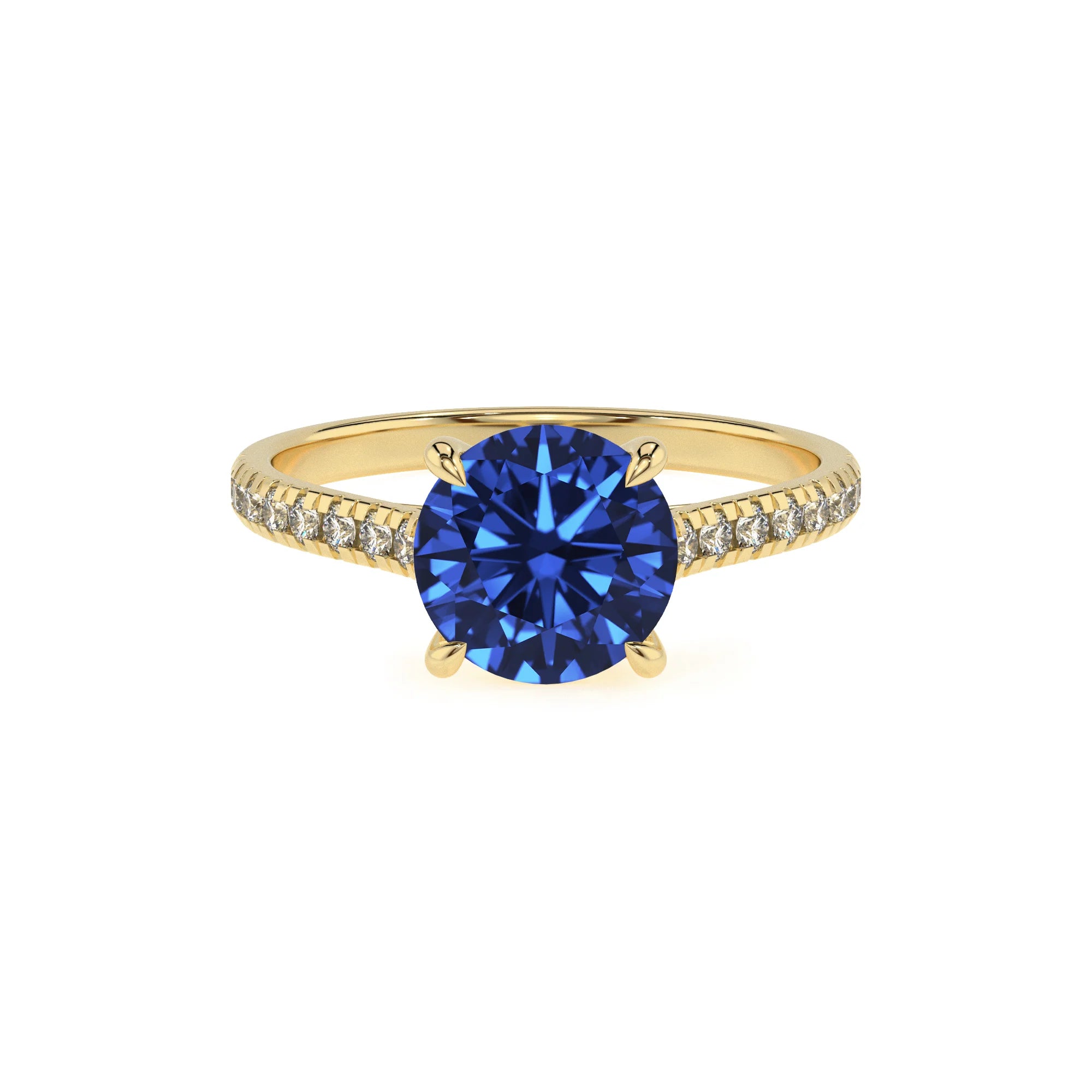lab grown blue-sapphire round half eternity solitaire engagement rings in yellow gold