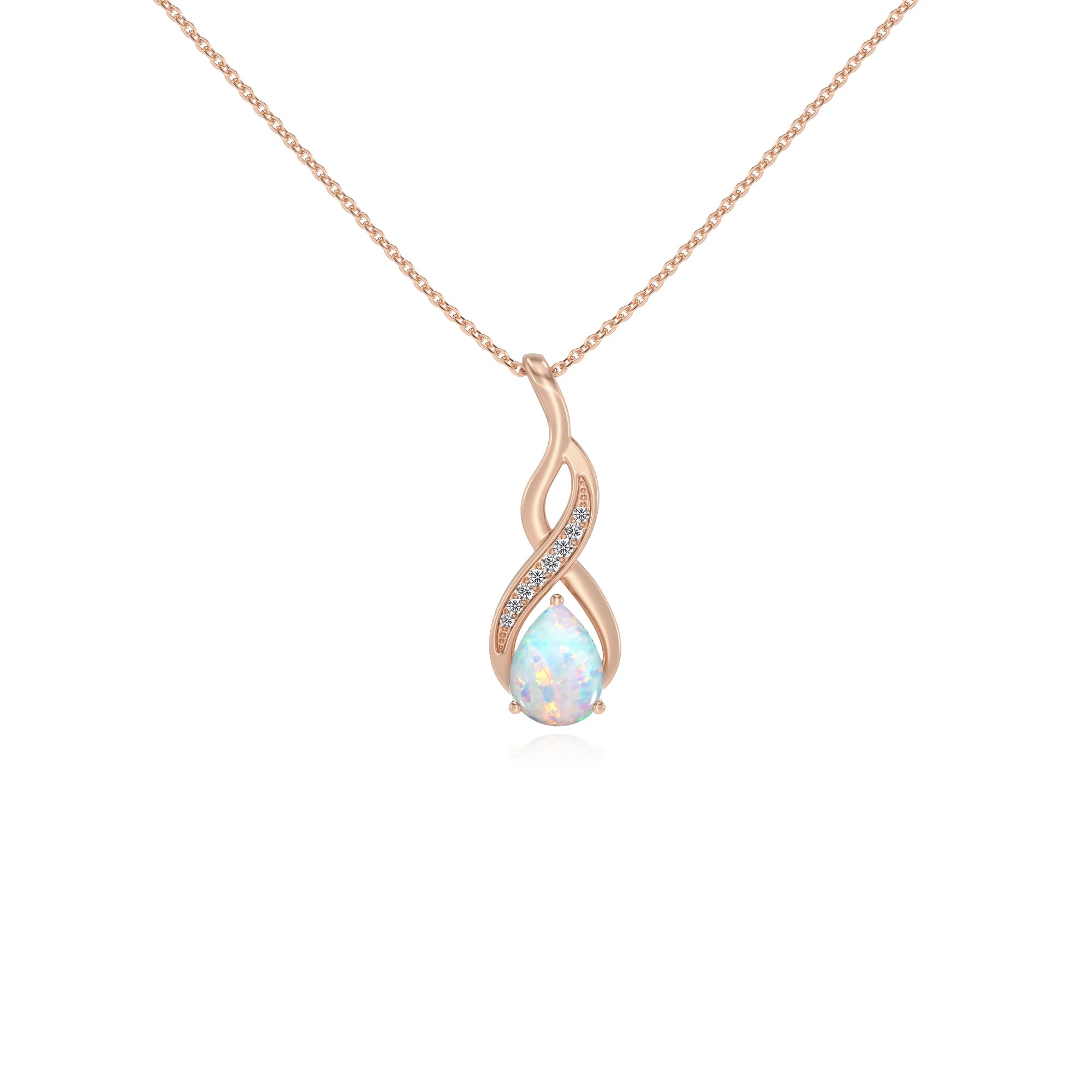lab grown opal pear solitaire necklaces in rose gold
