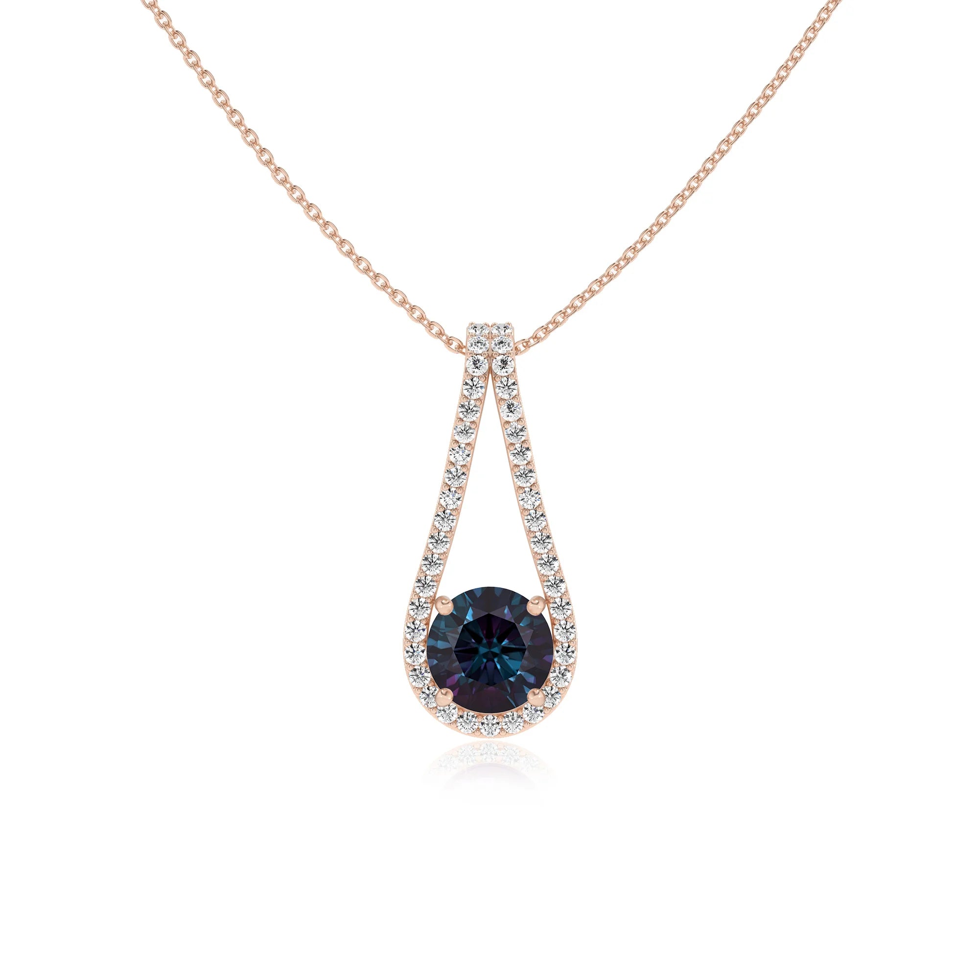 lab grown alexandrite round solitaire v-bale necklaces in rose gold