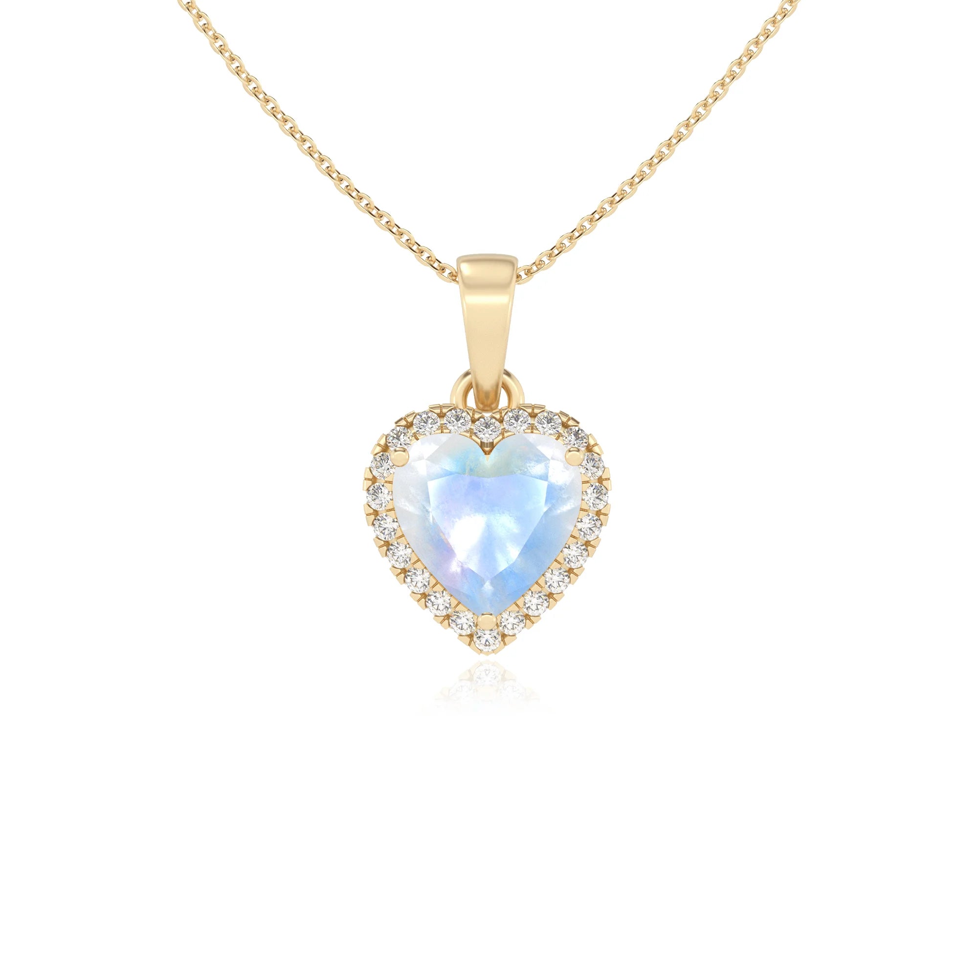 natural rainbow-moonstone heart solitaire necklaces in yellow gold