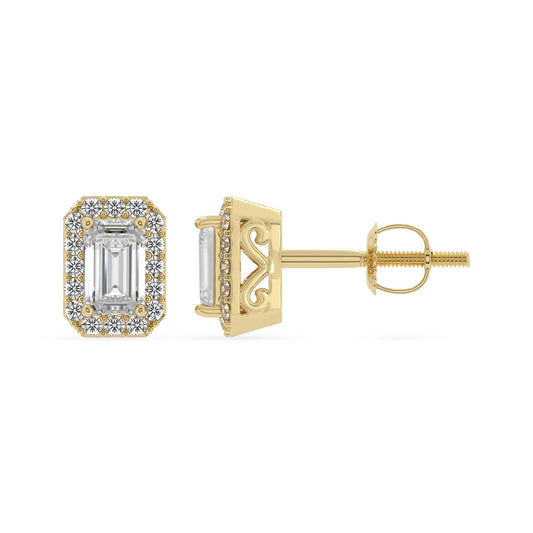 lab grown moissanite emerald cut stud earrings in yellow gold