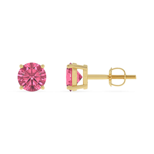 lab grown pink tourmaline round stud earrings in yellow gold