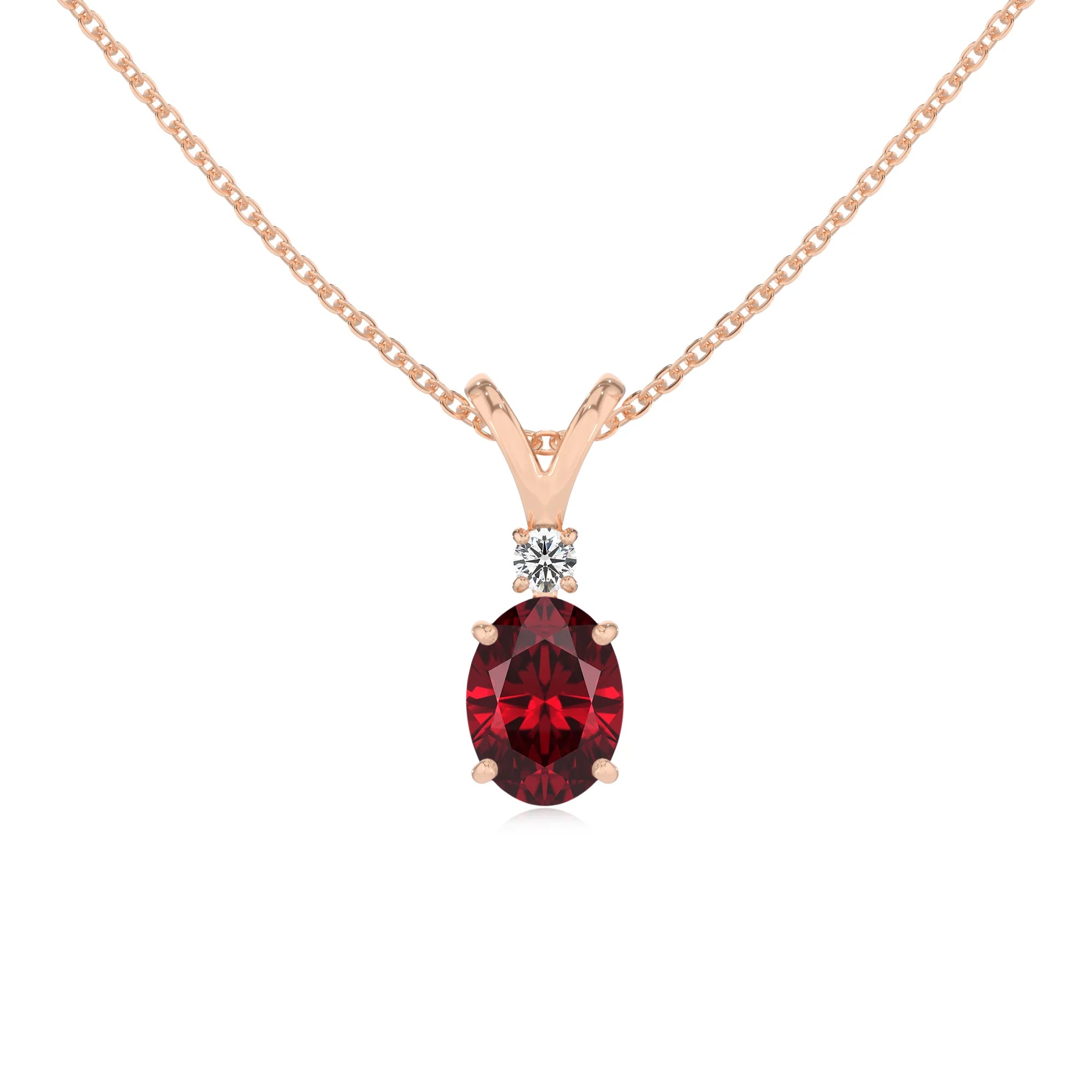 lab grown ruby oval solitaire v-bale necklaces in yellow gold
