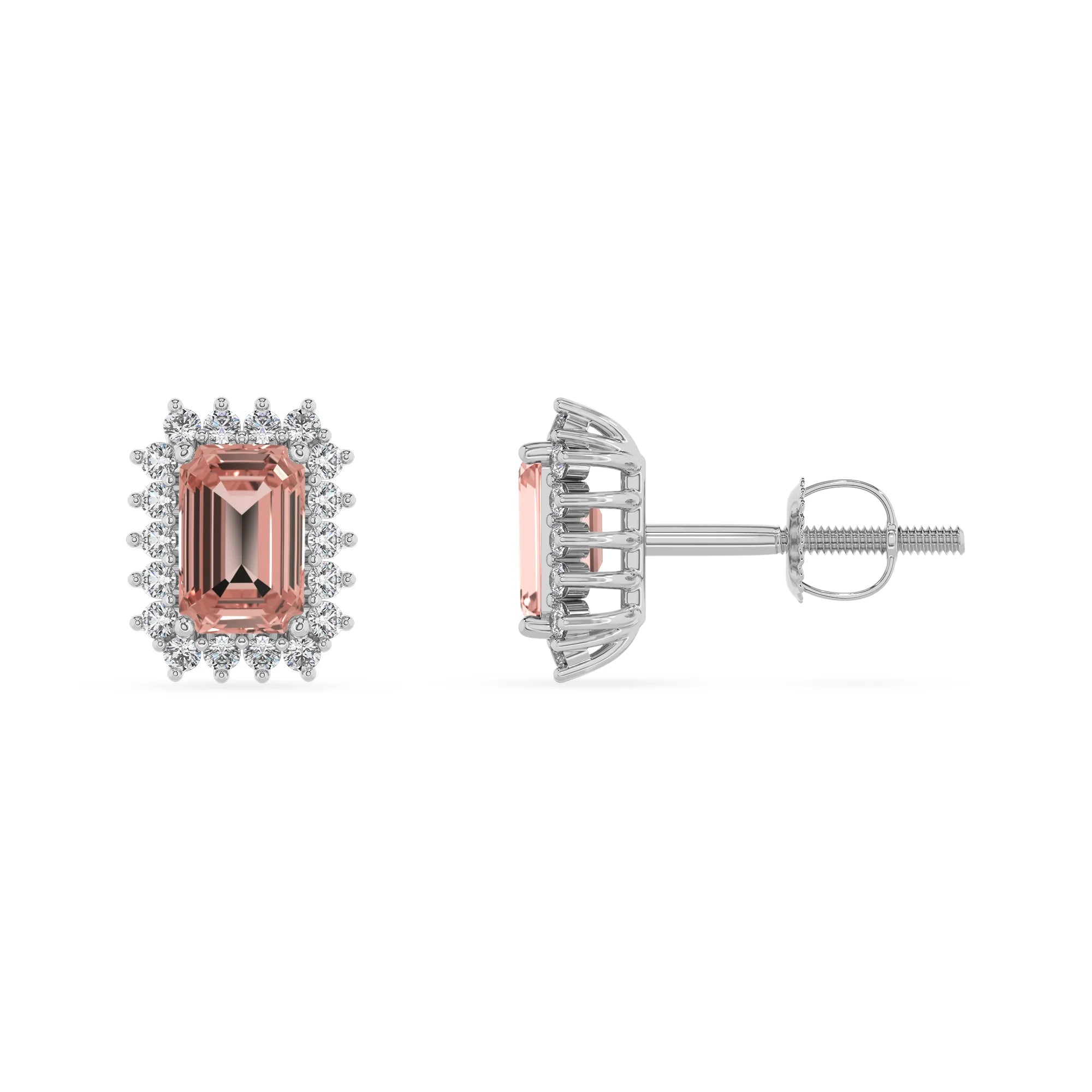 lab grown morganite emerald cut stud earrings in white gold