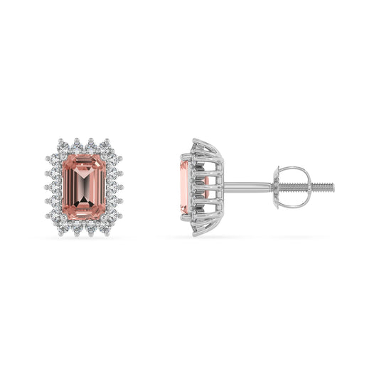 lab grown morganite emerald cut stud earrings in white gold