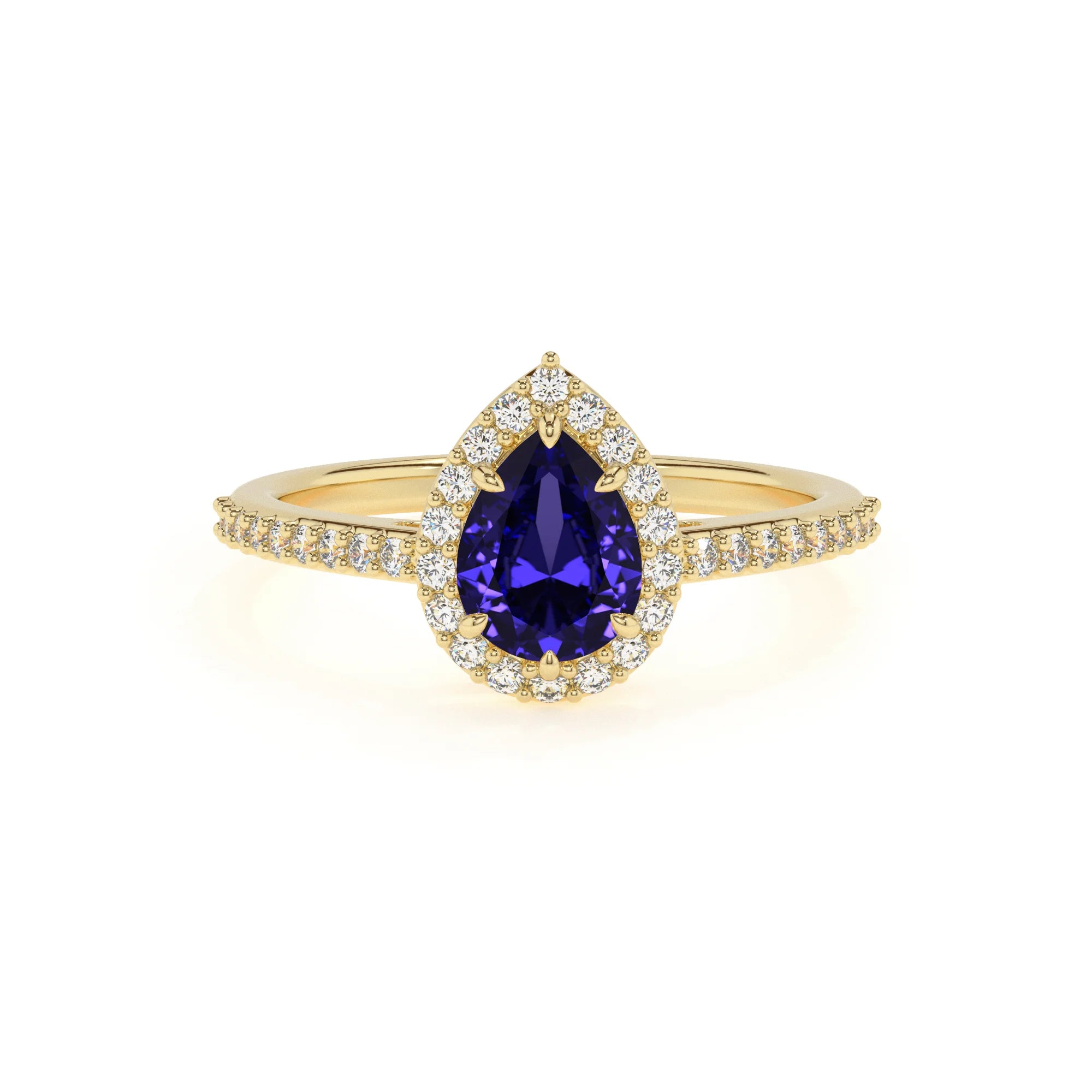 lab grown tanzanite pear solitaire rings in yellow gold
