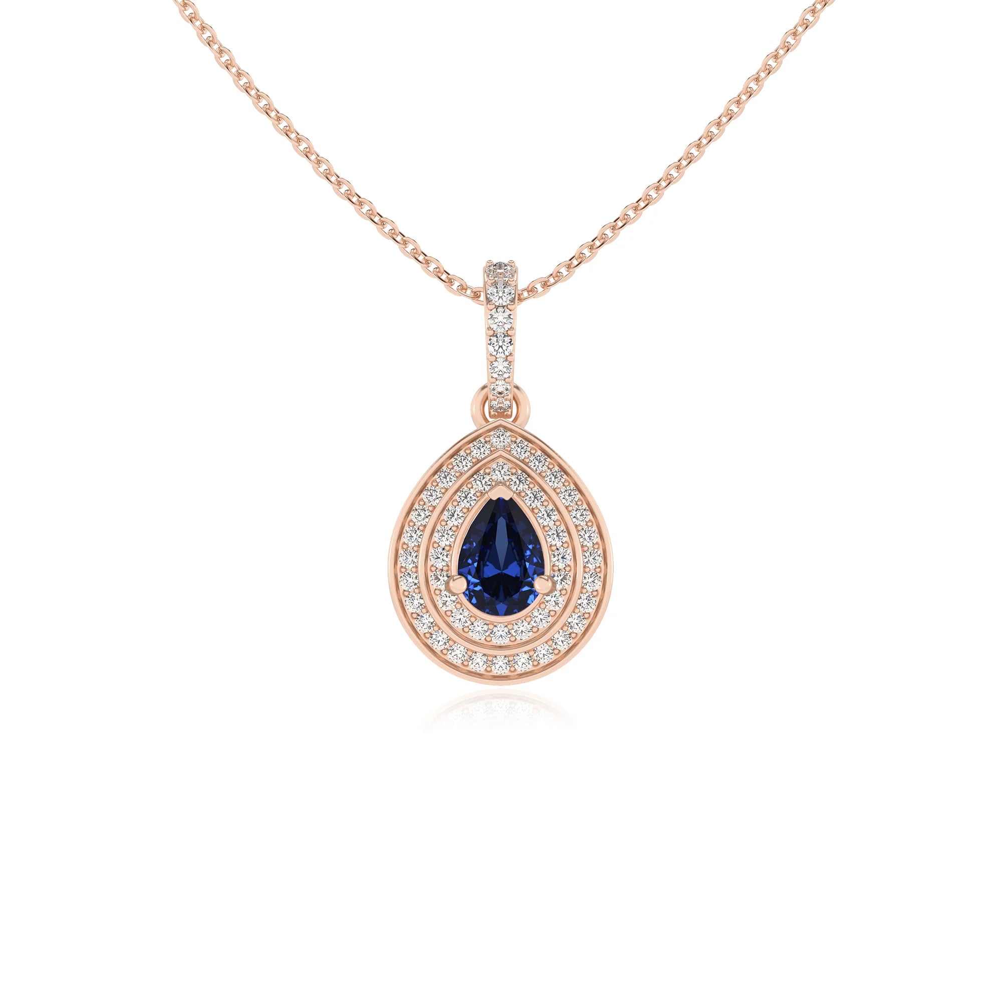 lab grown blue-sapphire pear halo necklaces in rose gold