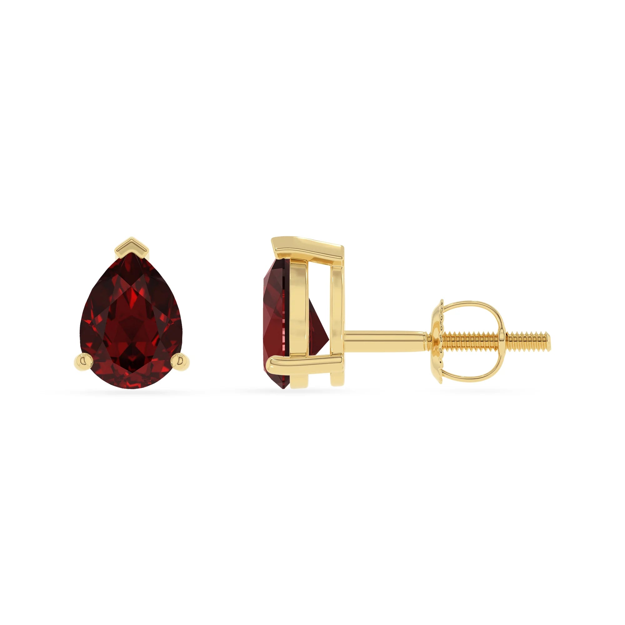 natural garnet pear stud earrings in yellow gold
