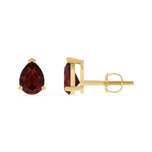 natural garnet pear stud earrings in yellow gold