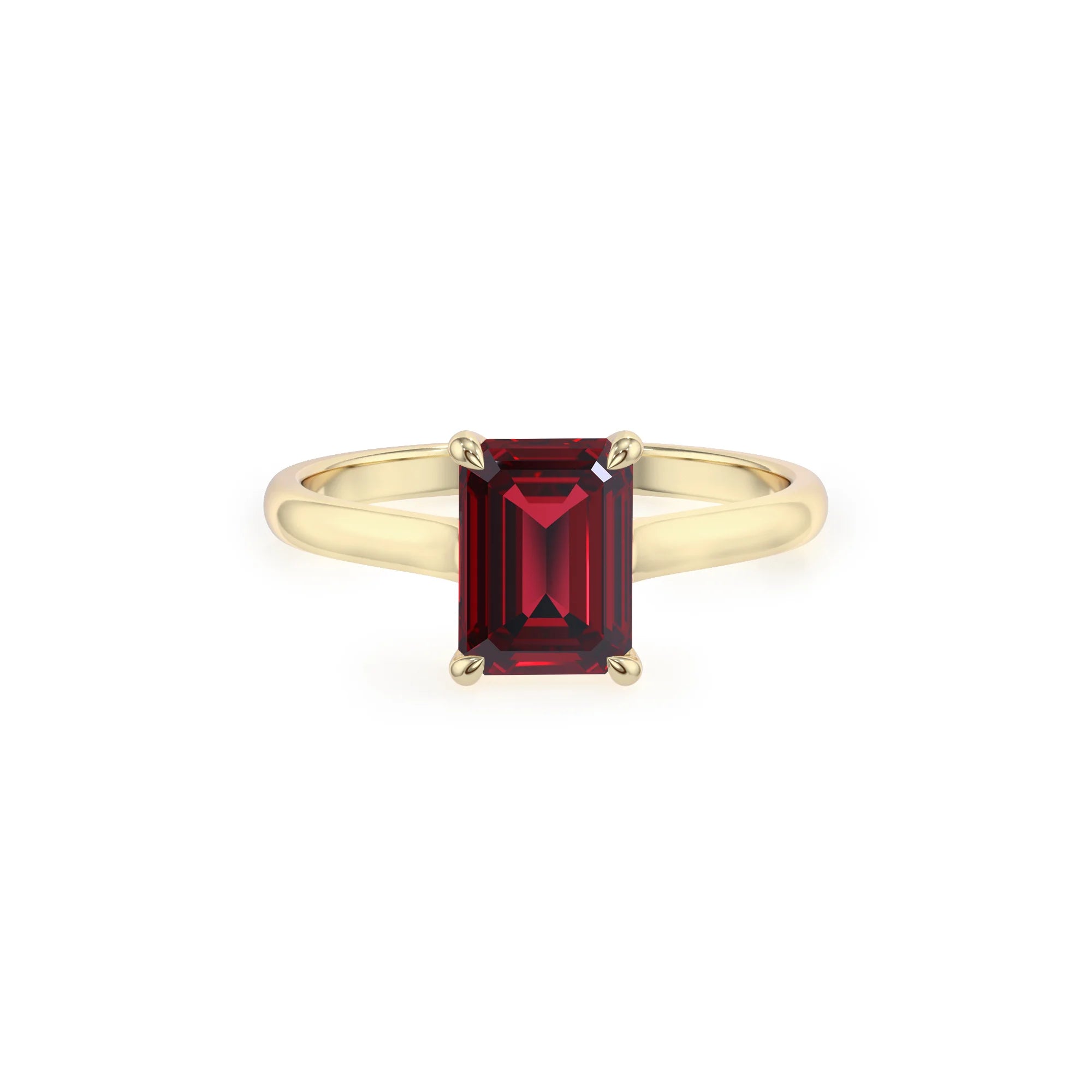 lab grown ruby emerald cut solitaire rings in yellow gold