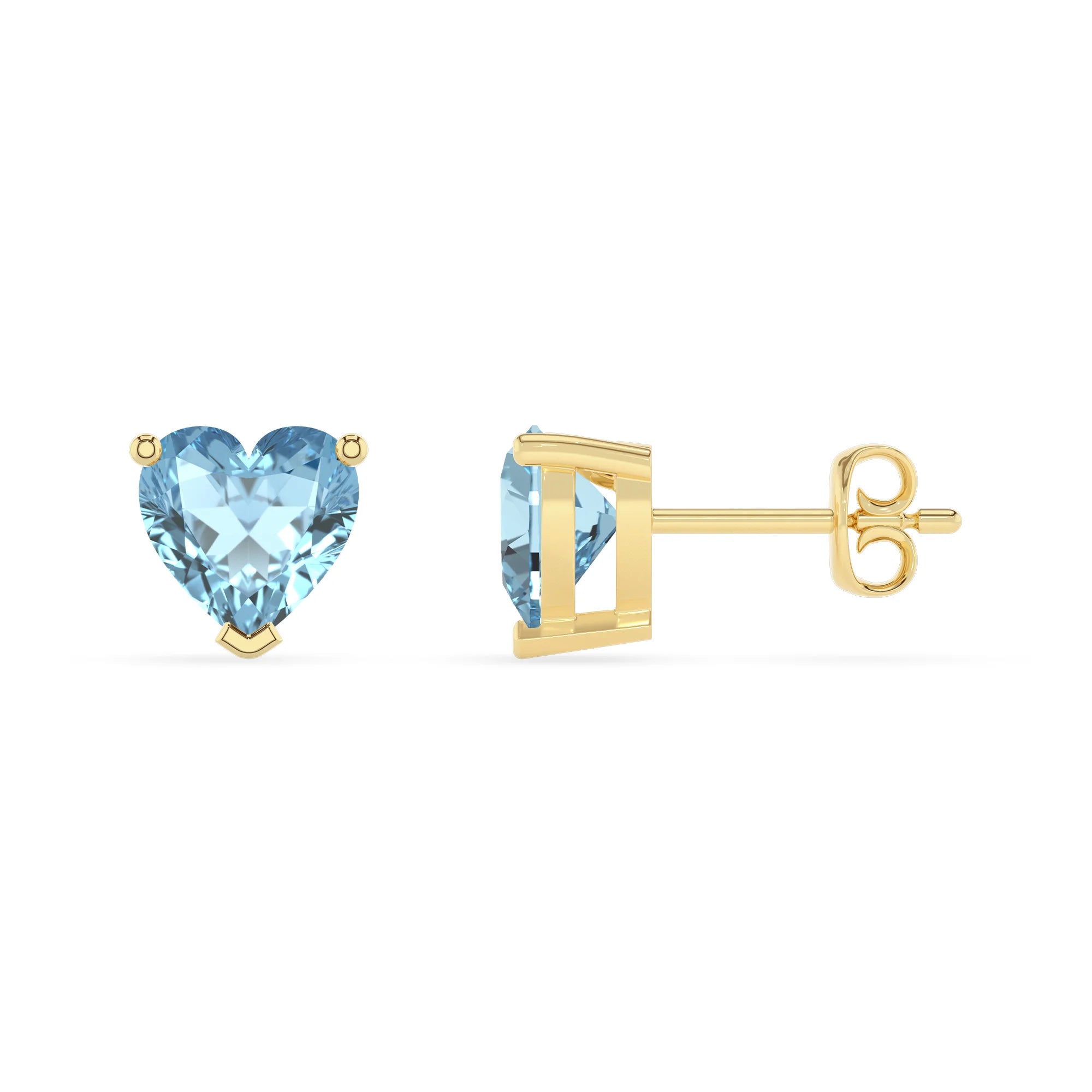 lab grown aquamarine heart stud earrings in yellow gold