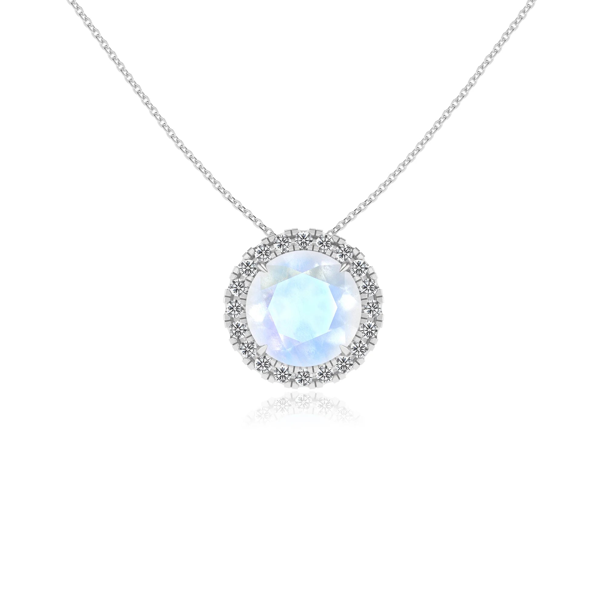 natural rainbow moonstone round solitaire necklaces in sterling silver