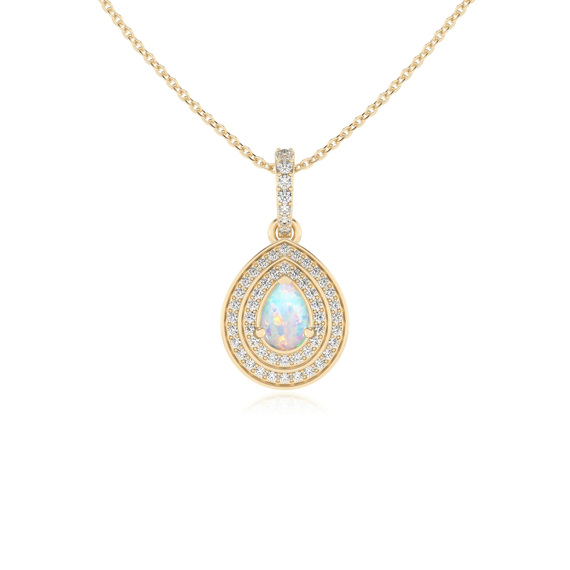 lab grown opal pear halo necklaces in yellow gold