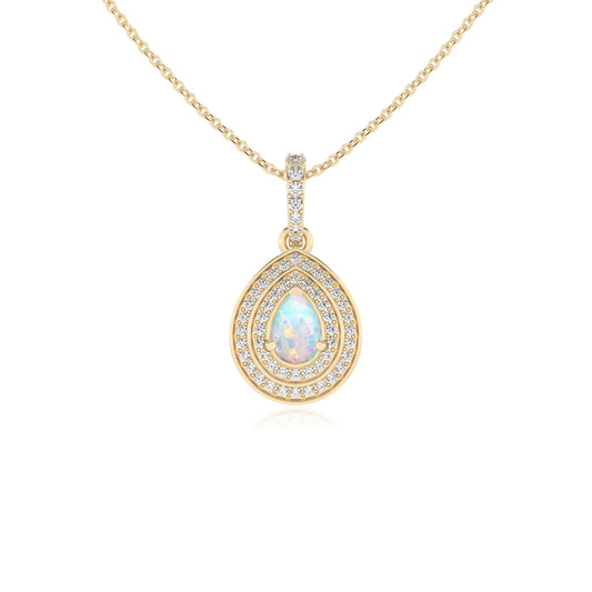 lab grown opal pear halo necklaces in yellow gold