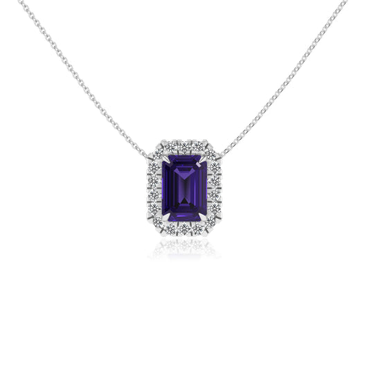 lab grown tanzanite emerald cut solitaire necklaces in sterling silver