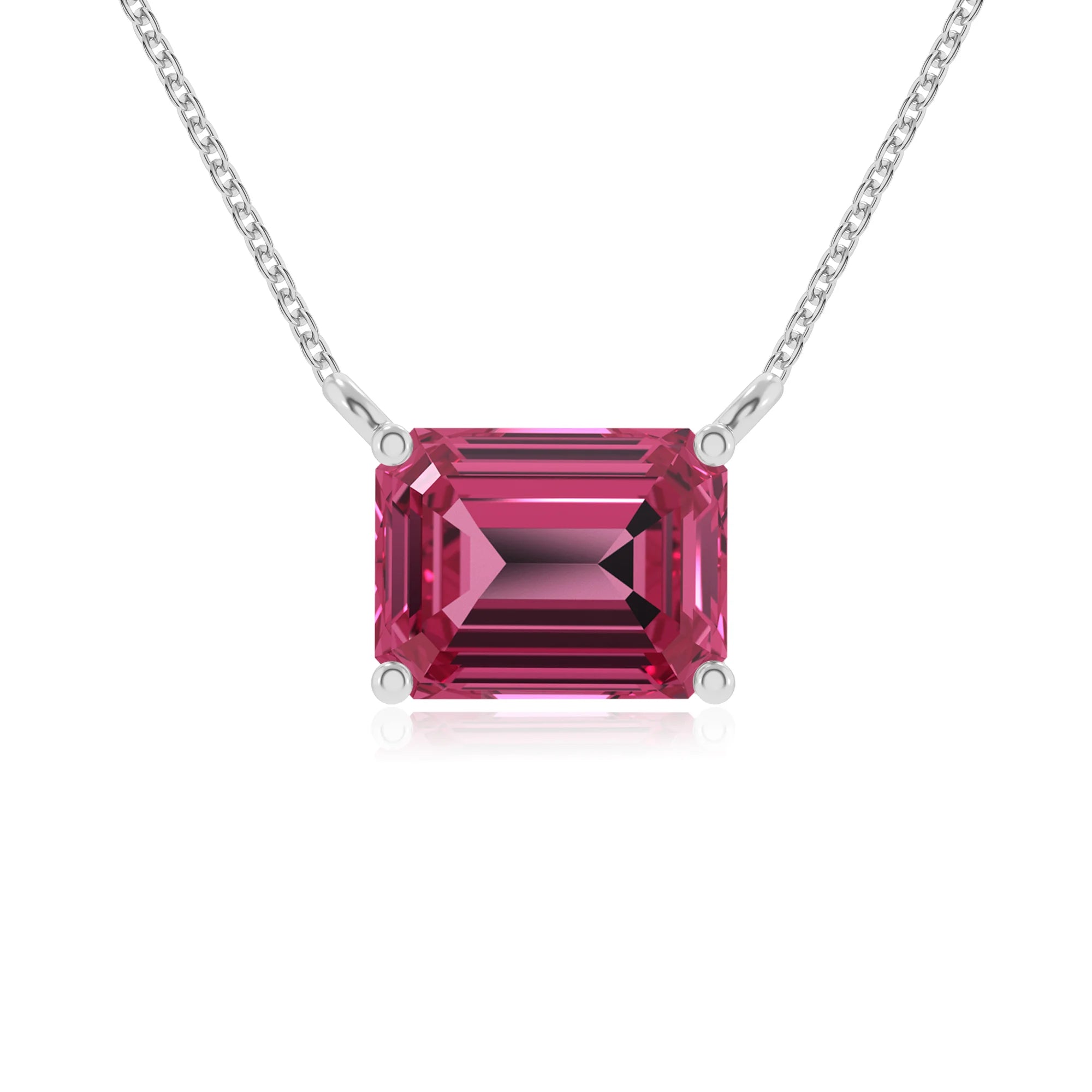 lab grown pink-tourmaline emerald cut solitaire necklaces in platinum