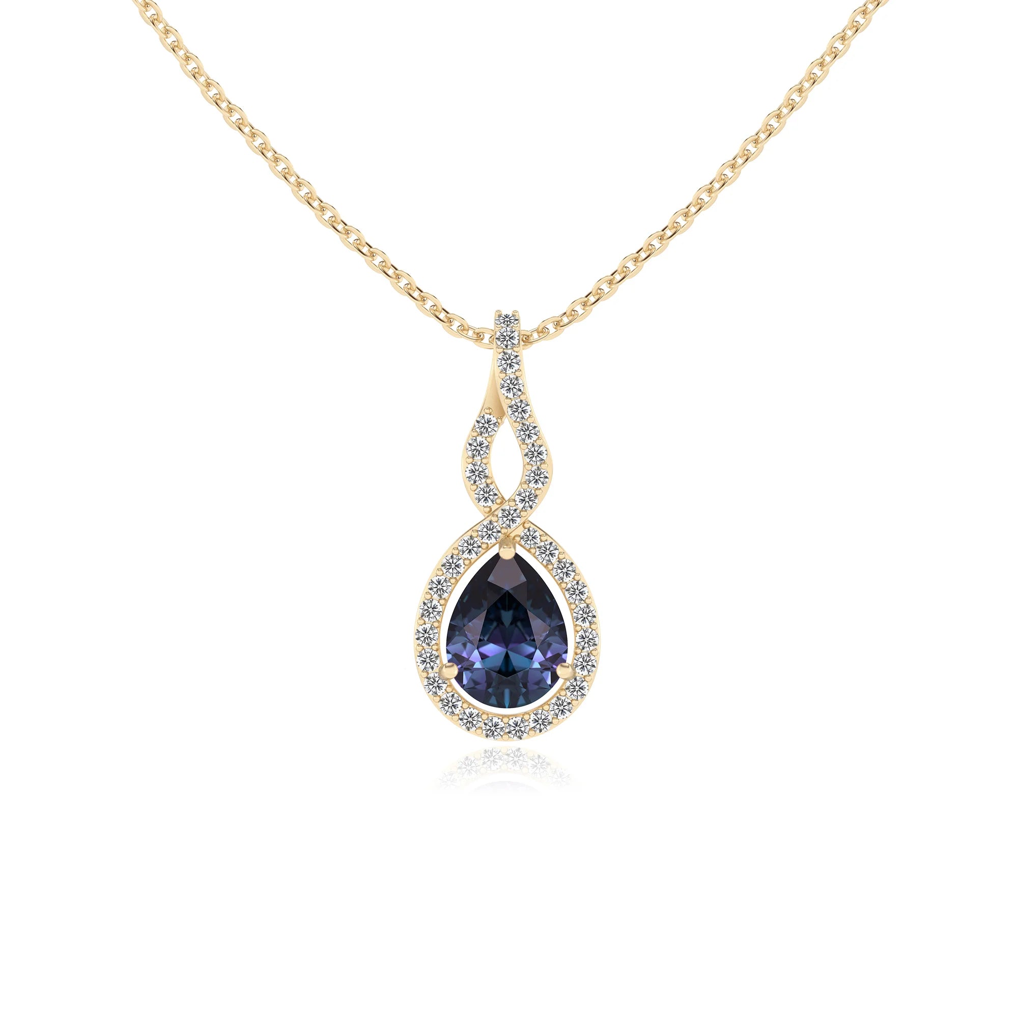 lab grown alexandrite pear necklaces in yellow gold