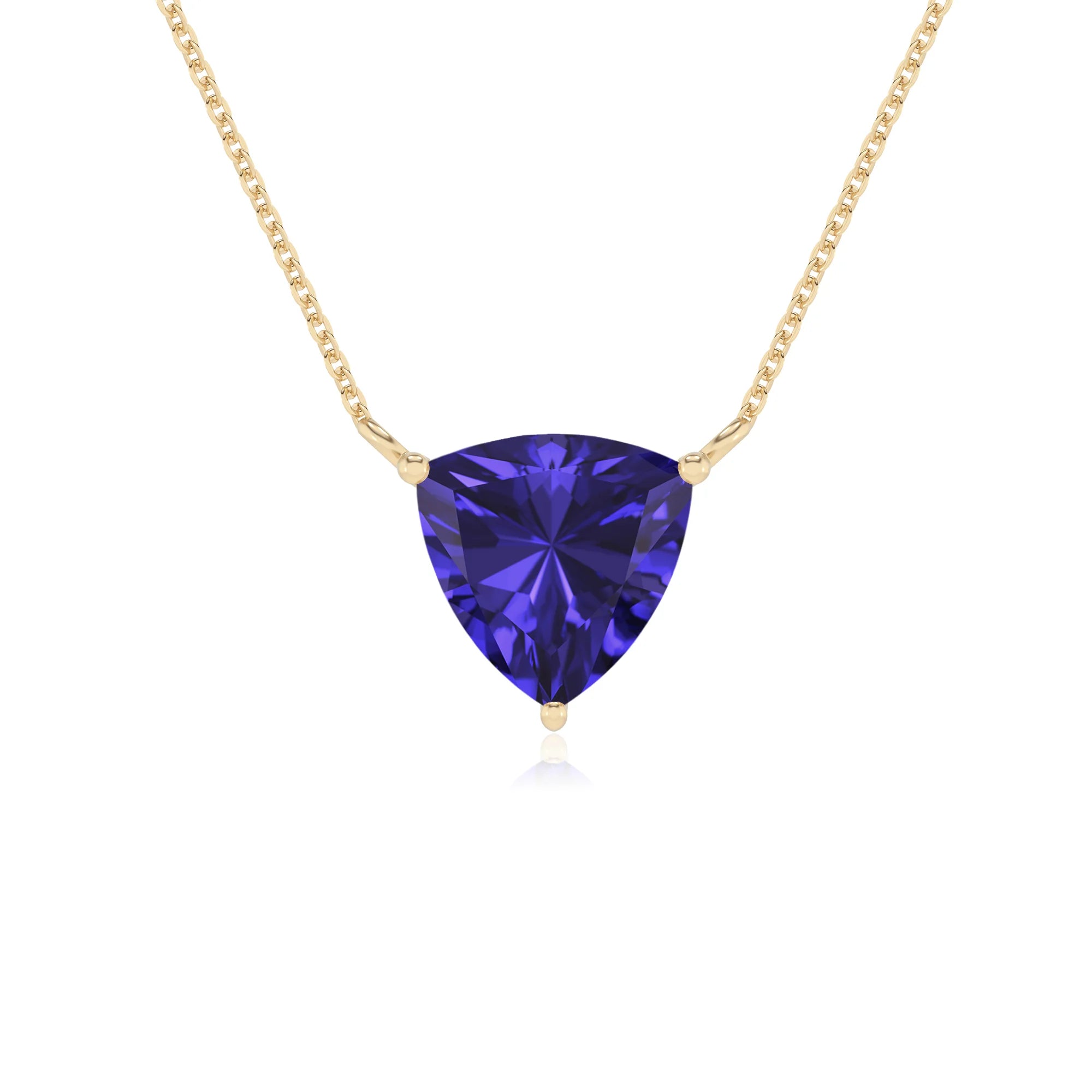 lab grown tanzanite trillion solitaire necklaces in yellow gold