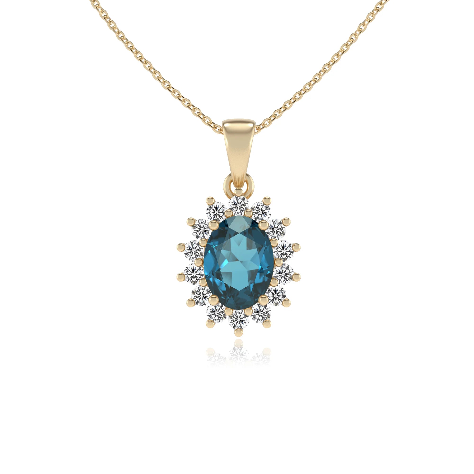 natural london-blue-topaz oval halo necklaces in yellow gold