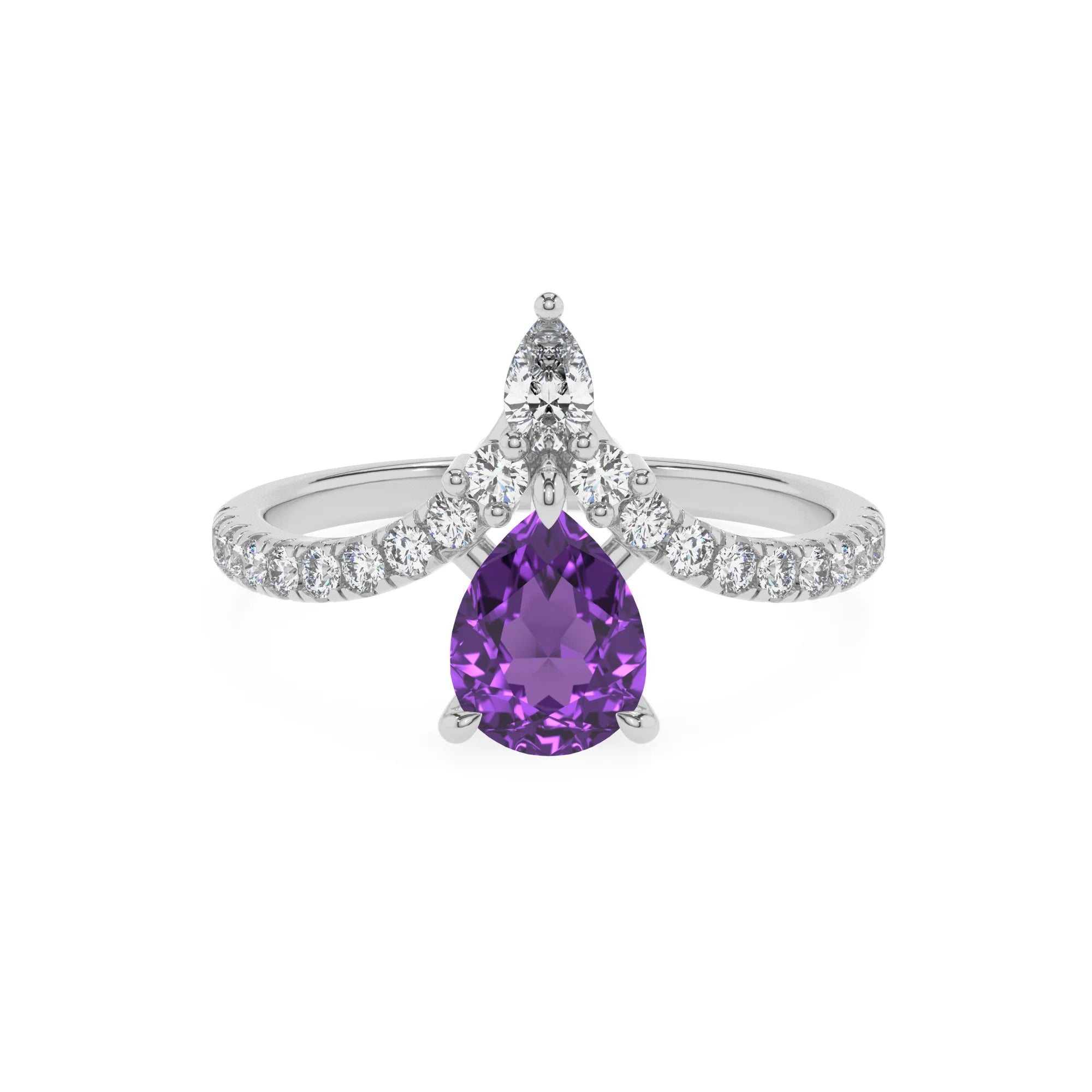 lab grown amethyst pear solitaire rings in platinum