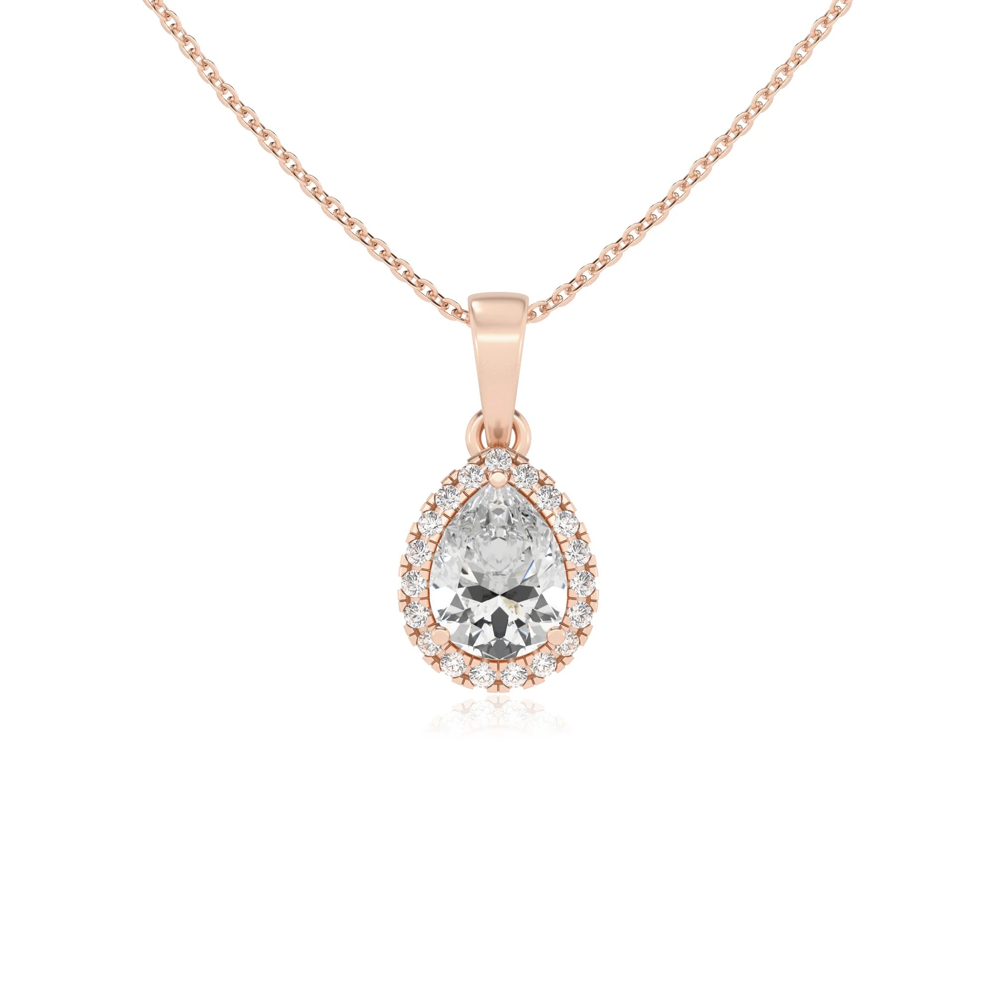 lab grown moissanite pear solitaire necklaces in rose gold