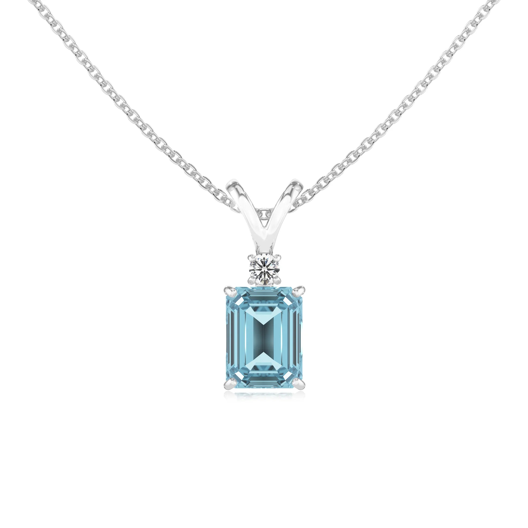 lab grown aquamarine emerald cut solitaire v-bale necklaces in sterling silver