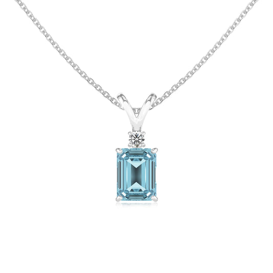 lab grown aquamarine emerald cut solitaire v-bale necklaces in sterling silver
