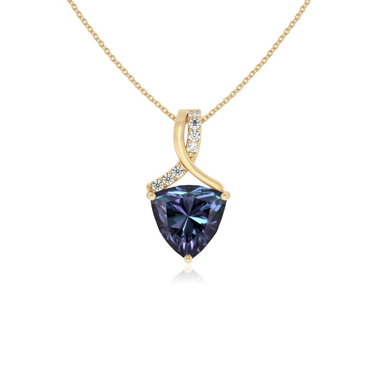 lab grown alexandrite trillion solitaire necklaces in yellow gold