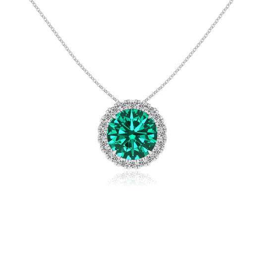 lab grown emerald round solitaire necklaces in white gold