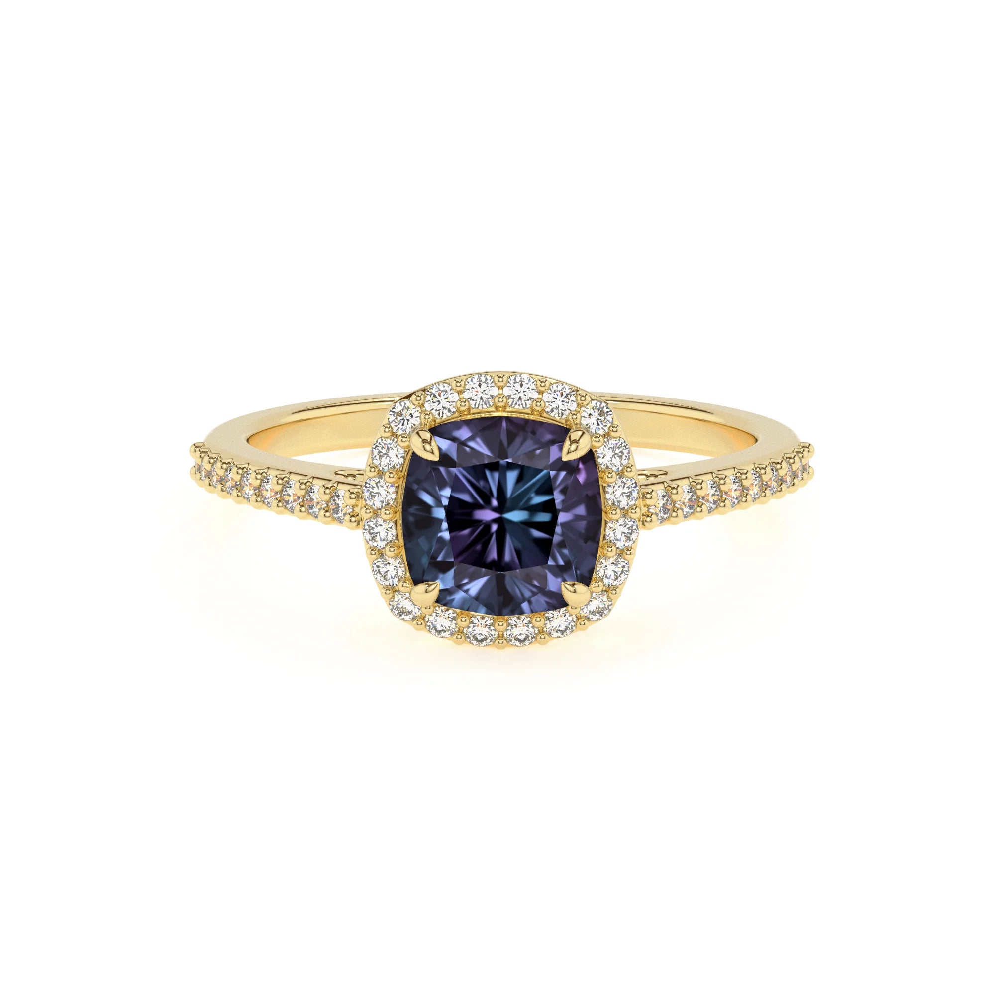 lab grown alexandrite cushion solitaire rings in yellow gold