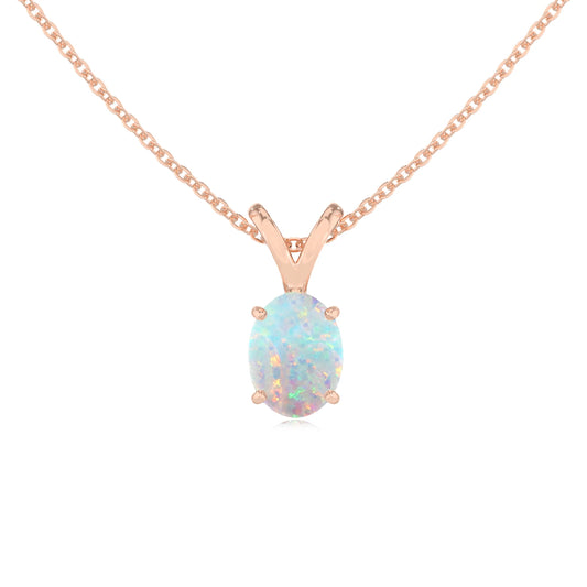 lab grown opal oval solitaire v-bale necklaces in rose gold