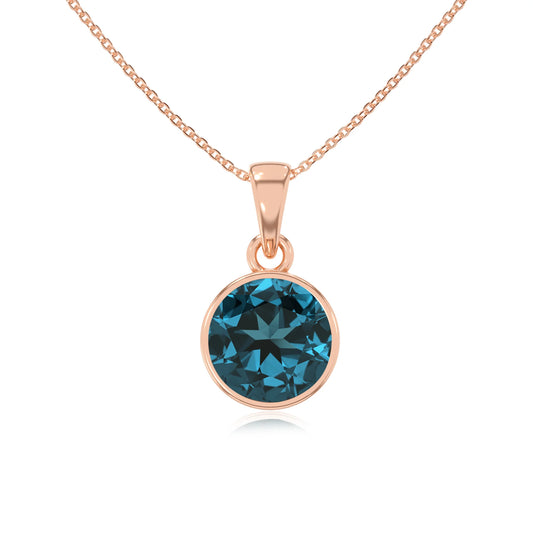 natural london-blue-topaz round solitaire necklaces in rose gold