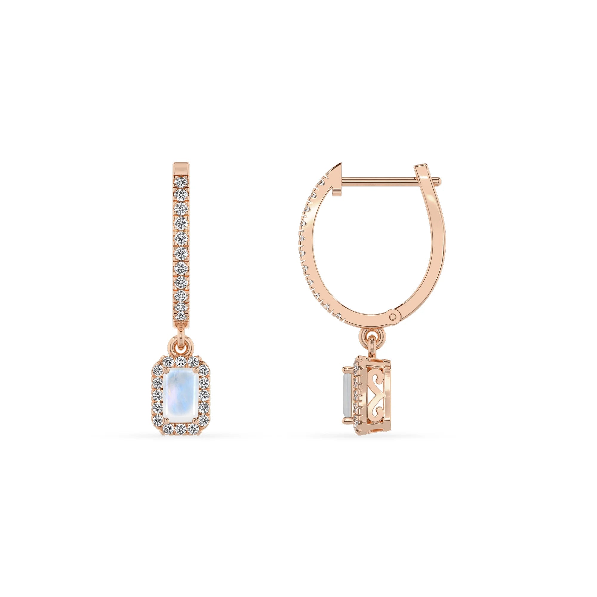 natural rainbow moonstone emerald cut drop earrings in rose gold