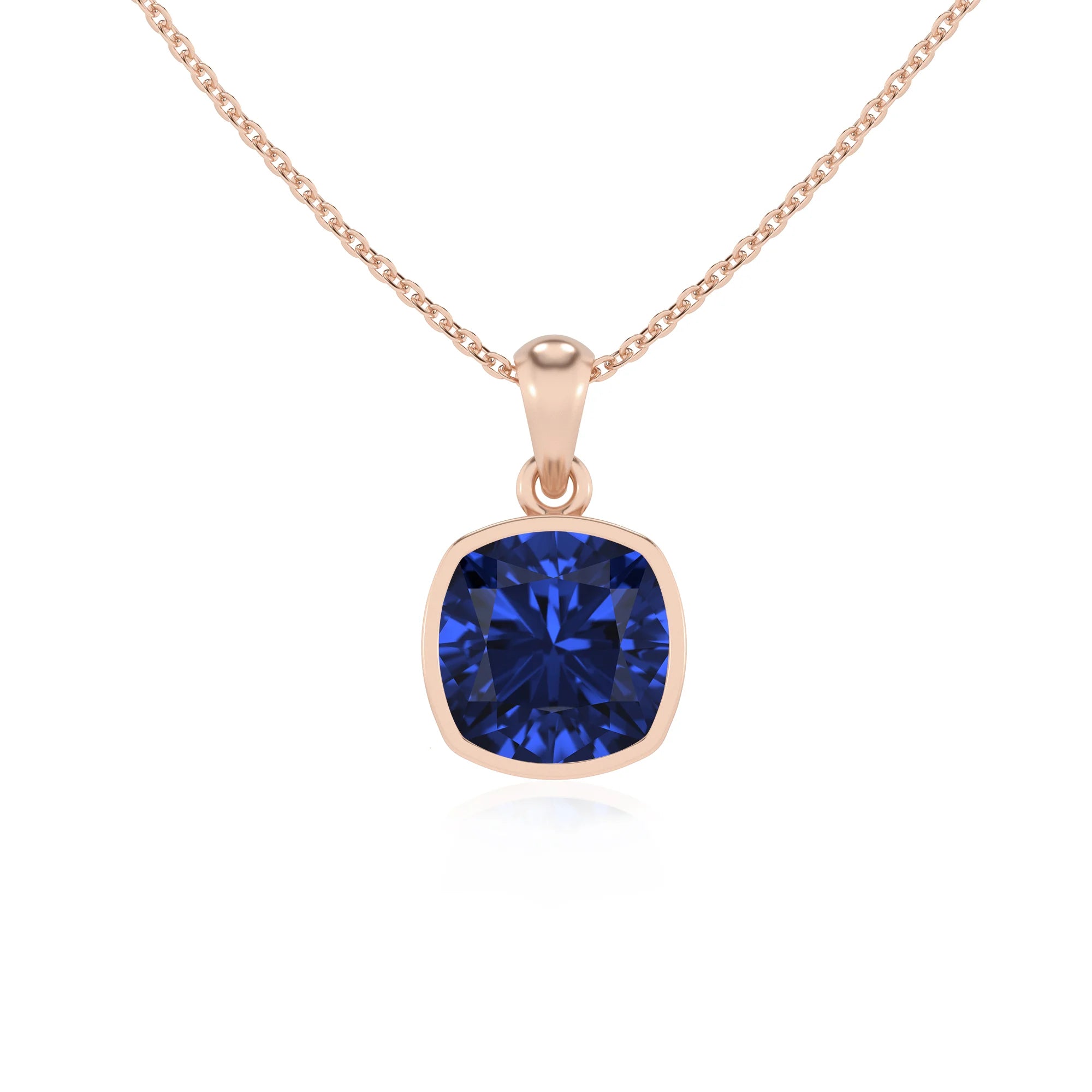 lab grown blue-sapphire cushion solitaire necklaces in rose gold