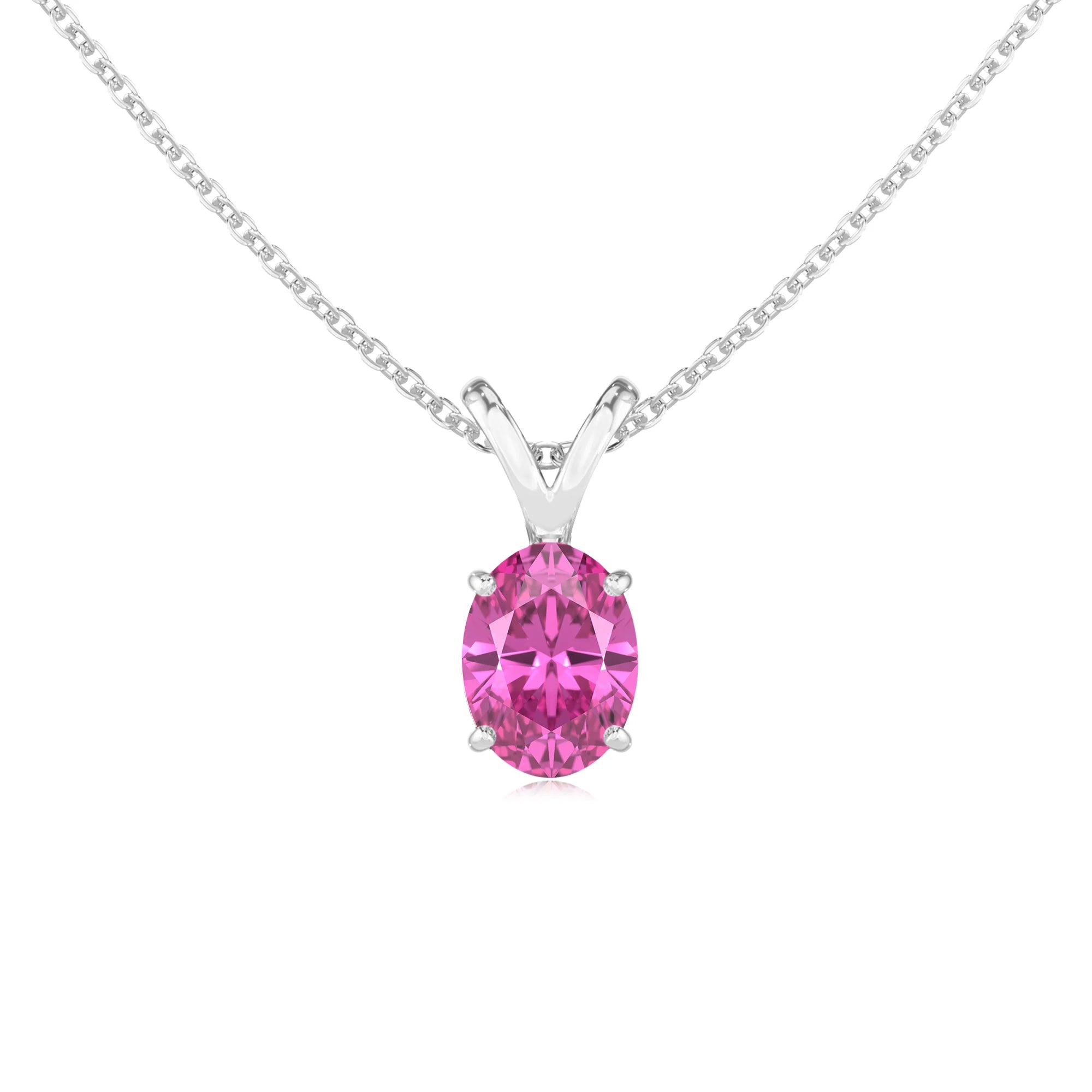 lab grown pink-sapphire oval solitaire v-bale necklaces in sterling silver