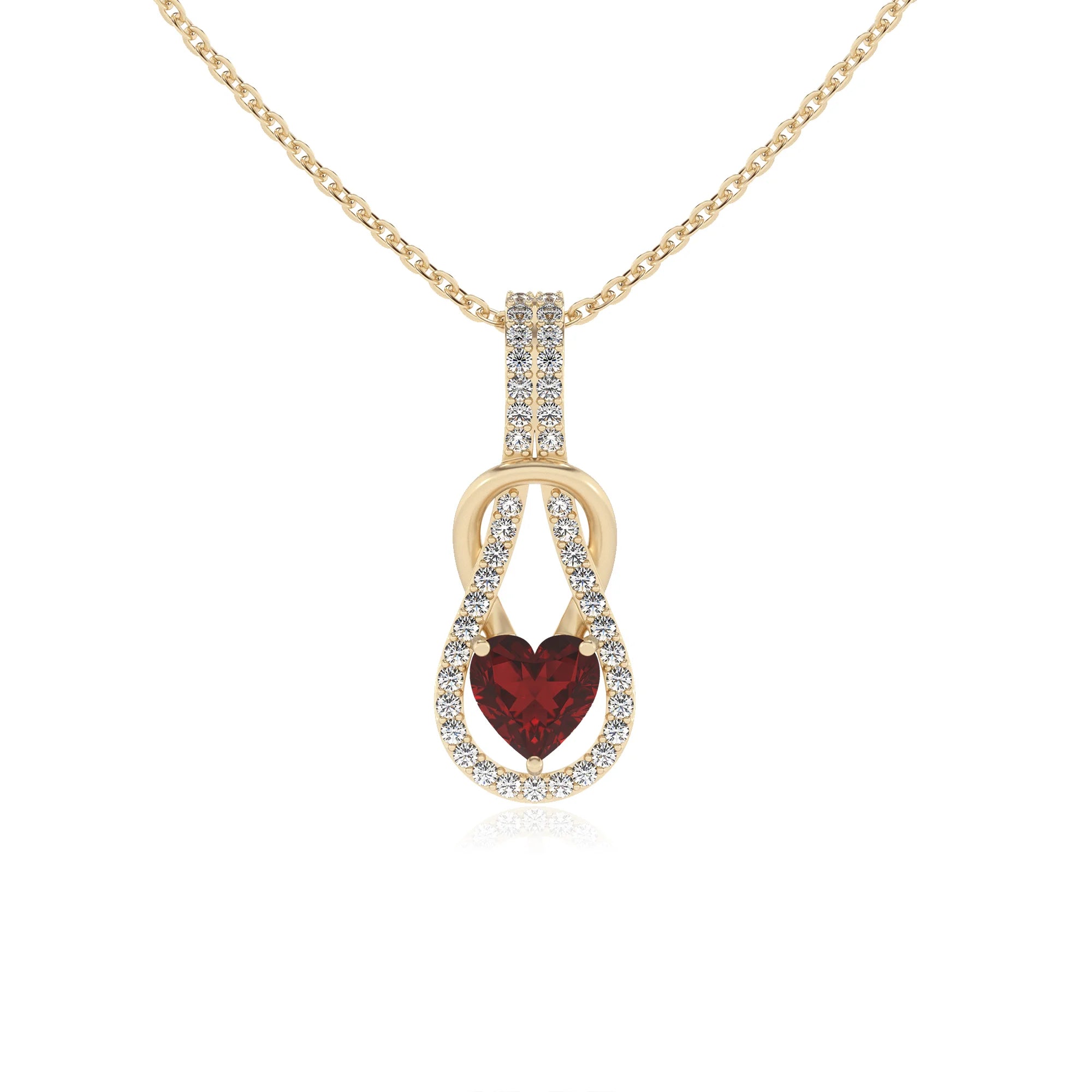 natural garnet heart infinity v-bale necklaces in yellow gold
