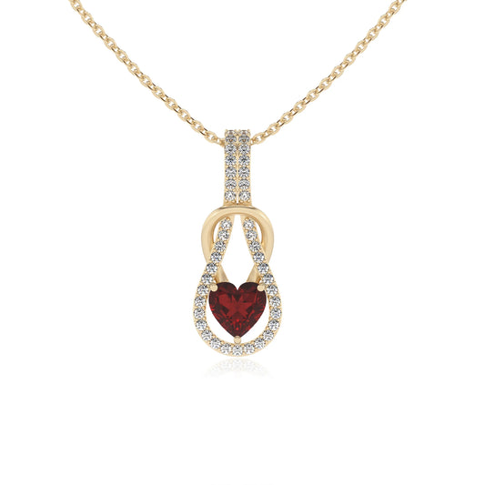 natural garnet heart infinity v-bale necklaces in yellow gold