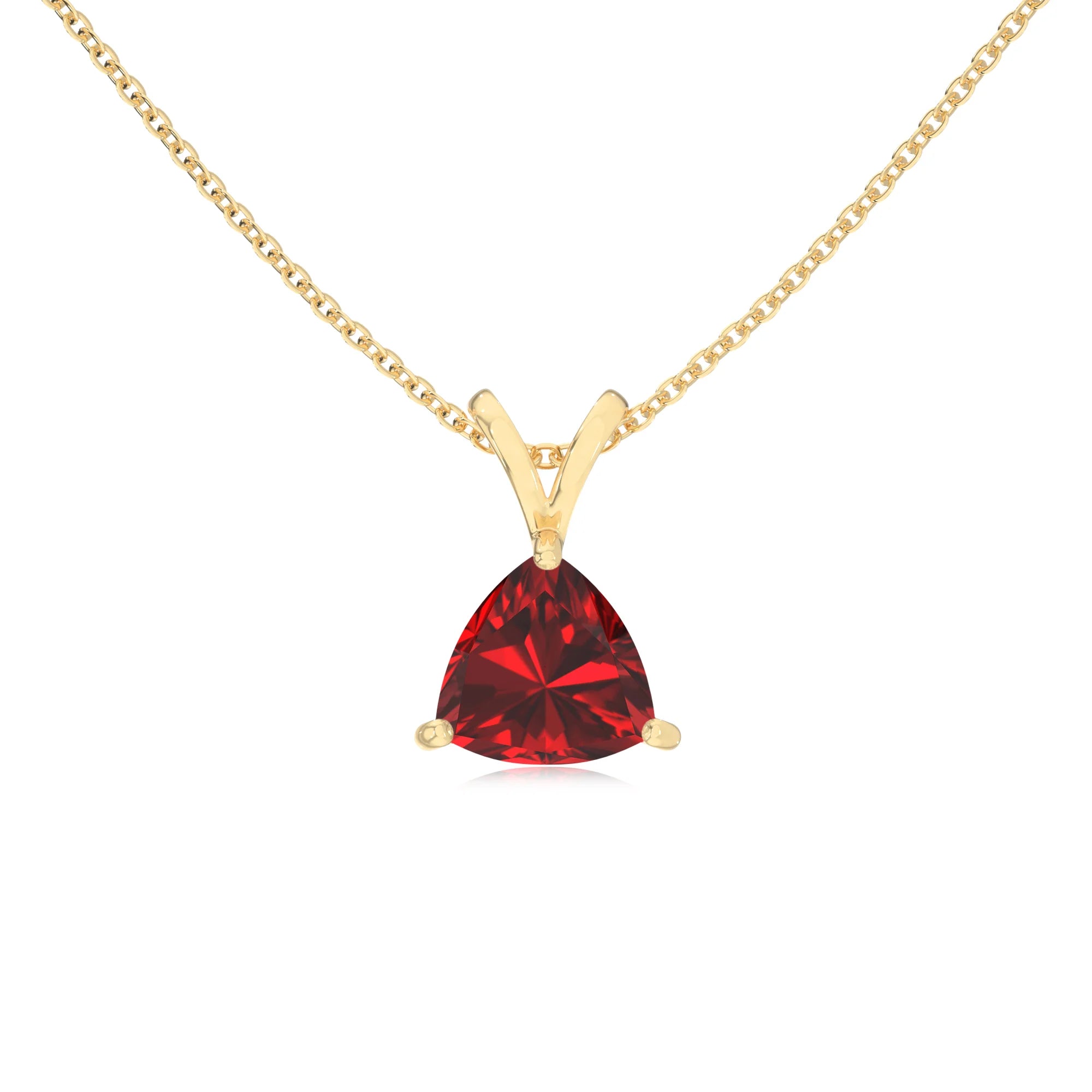 lab grown ruby trillion solitaire v-bale necklaces in yellow gold