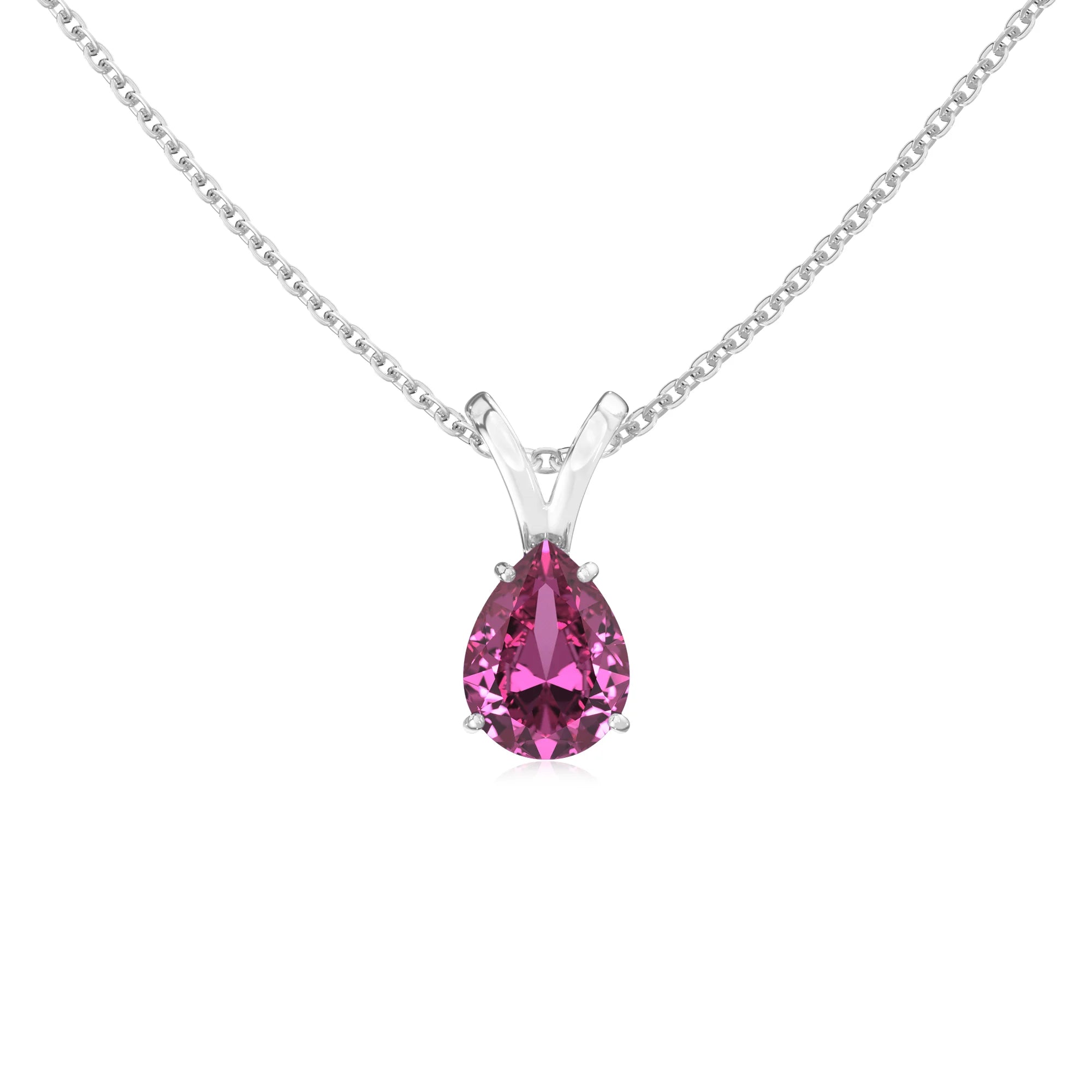 lab grown pink-sapphire pear solitaire v-bale necklaces in sterling silver